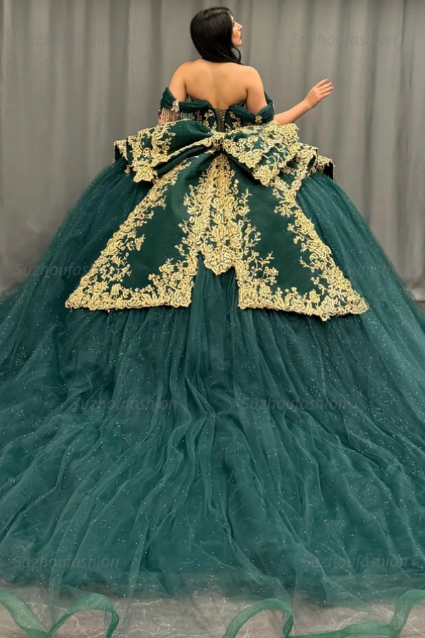 Ball Gown Off Shoulder Sleeveless Pleated Gold Sequins Beaded Crystal Glitter Dark Green Tulle Quinceanera Dress Closet Big Bow Knot Birthday Party Dress For Sweet 16