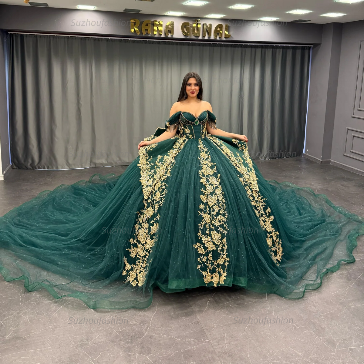 Ball Gown Off Shoulder Sleeveless Pleated Gold Sequins Beaded Crystal Glitter Dark Green Tulle Quinceanera Dress Closet Big Bow Knot Birthday Party Dress For Sweet 16