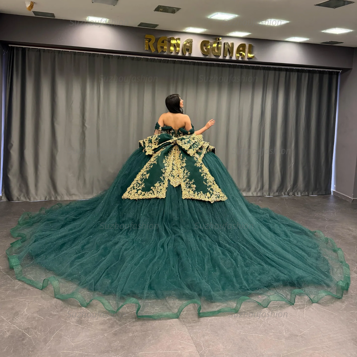 Ball Gown Off Shoulder Sleeveless Pleated Gold Sequins Beaded Crystal Glitter Dark Green Tulle Quinceanera Dress Closet Big Bow Knot Birthday Party Dress For Sweet 16