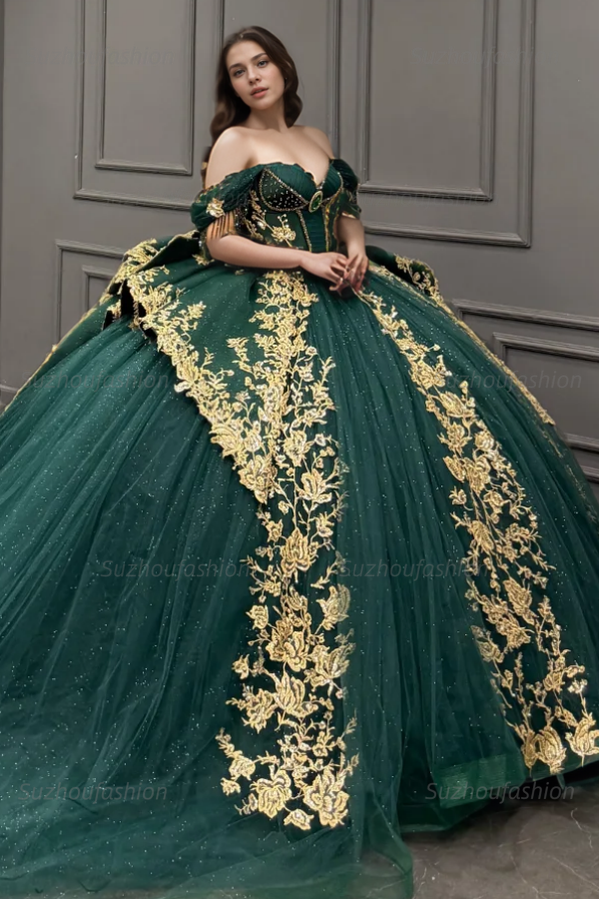 Ball Gown Off Shoulder Sleeveless Pleated Gold Sequins Beaded Crystal Glitter Dark Green Tulle Quinceanera Dress Closet Big Bow Knot Birthday Party Dress For Sweet 16