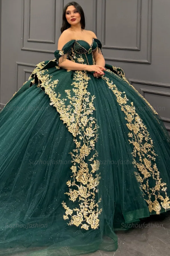 Ball Gown Off Shoulder Sleeveless Pleated Gold Sequins Beaded Crystal Glitter Dark Green Tulle Quinceanera Dress Closet Big Bow Knot Birthday Party Dress For Sweet 16