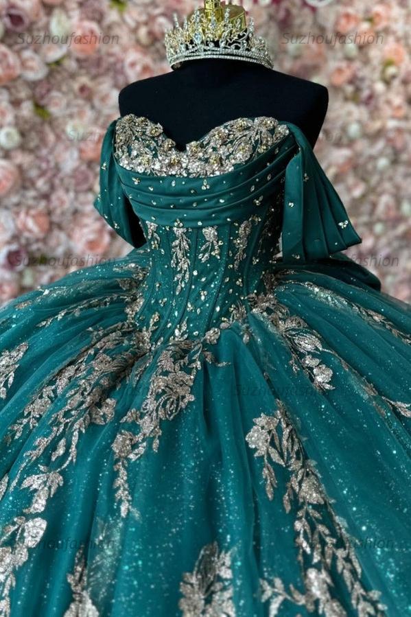 Ball Gown Off Shoulder Sleeveless Pleated Sequins Gold Appliques Bow Knot Sparkly Dark Green Tulle Quinceanera Dress Birthday Party Dress For Sweet 16