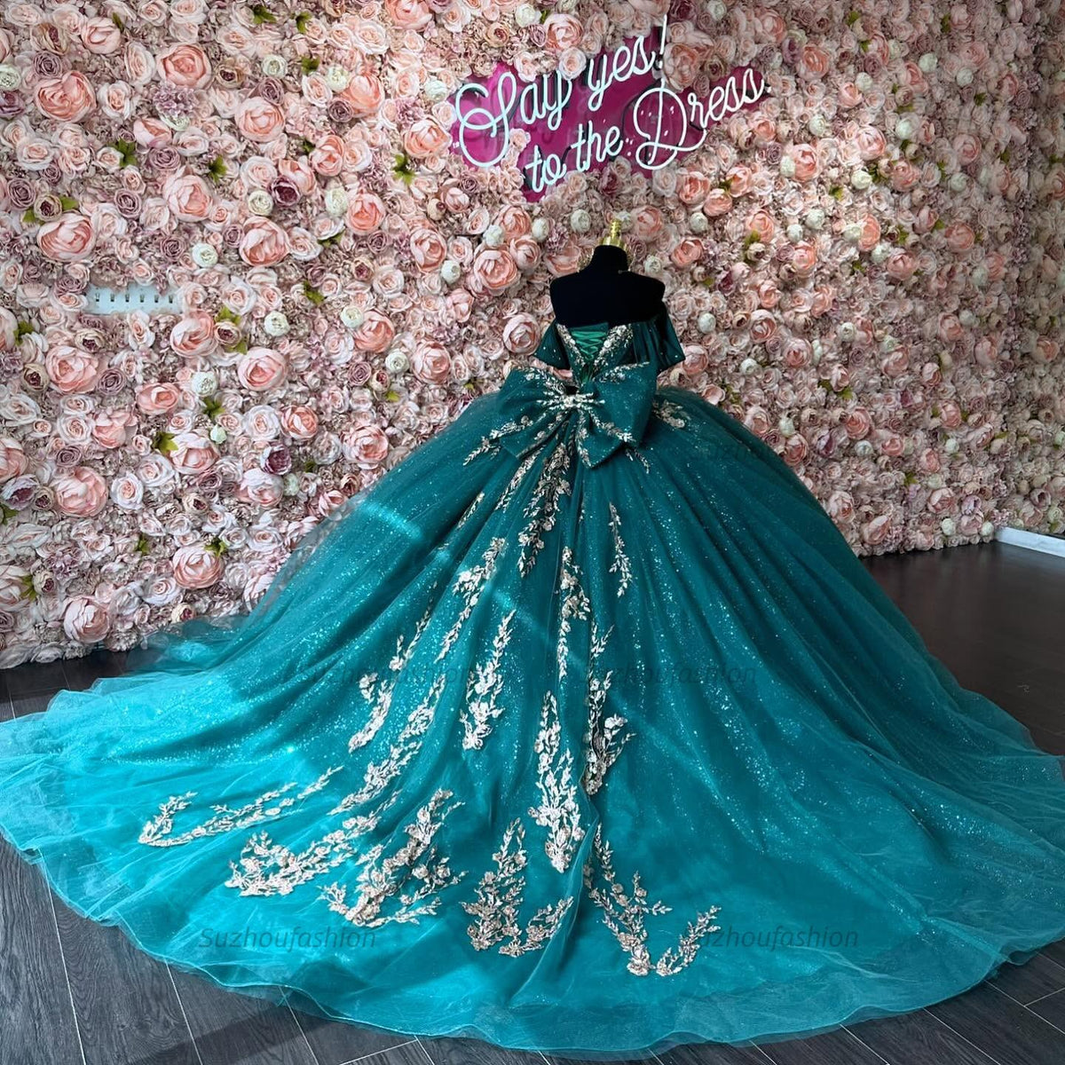 Ball Gown Off Shoulder Sleeveless Pleated Sequins Gold Appliques Bow Knot Sparkly Dark Green Tulle Quinceanera Dress Birthday Party Dress For Sweet 16