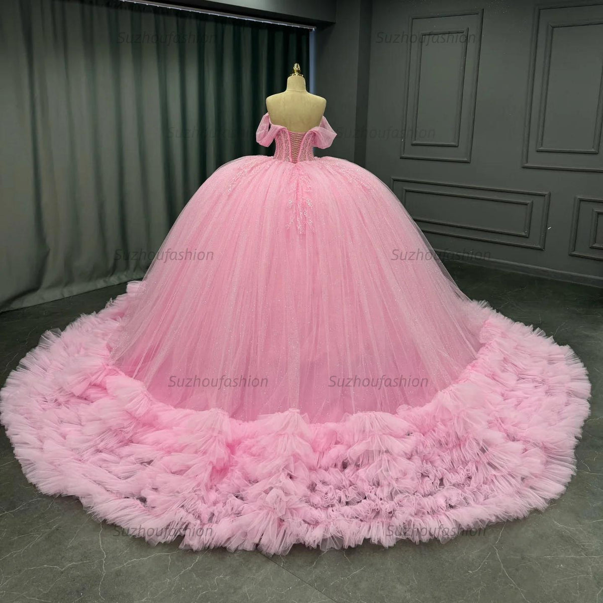 Ball Gown Off Shoulder Sleeveless Pleated Tulle Tiered Beaded Pink Tulle Quinceanera Dress Birthday Party Dress For Sweet 16