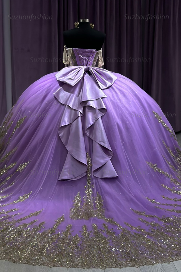 Ball Gown Off Shoulder Sleeveless Ruffles Beaded Gold Appliques Lavenda Tulle Quinceanera Dress Formal Evening Gown For Sweet 16