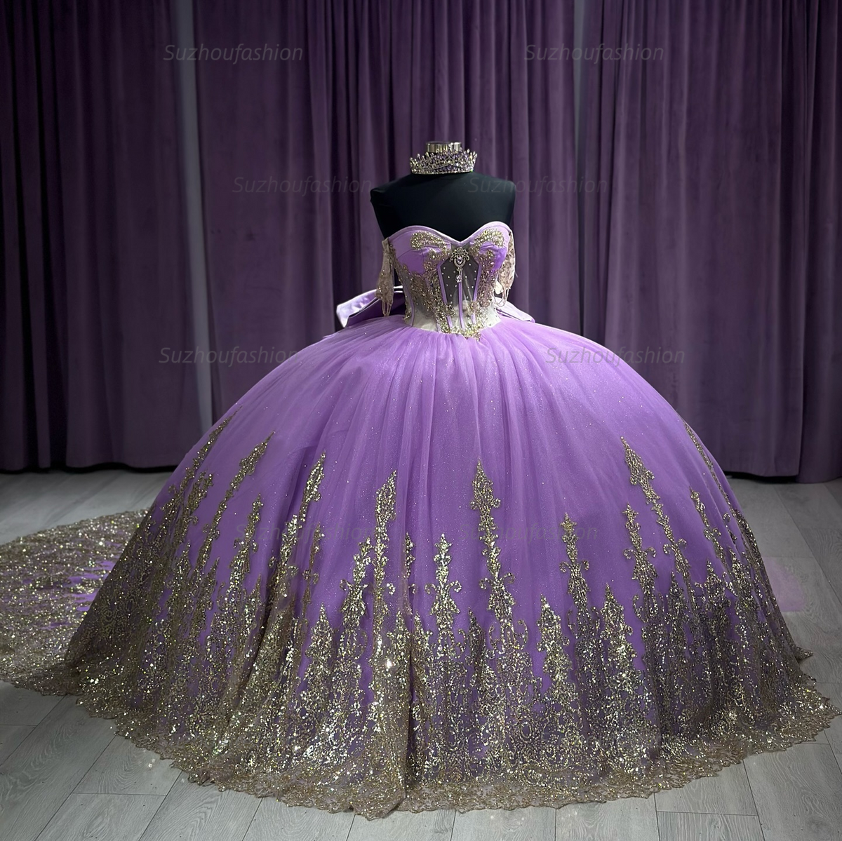 Ball Gown Off Shoulder Sleeveless Ruffles Beaded Gold Appliques Lavenda Tulle Quinceanera Dress Formal Evening Gown For Sweet 16