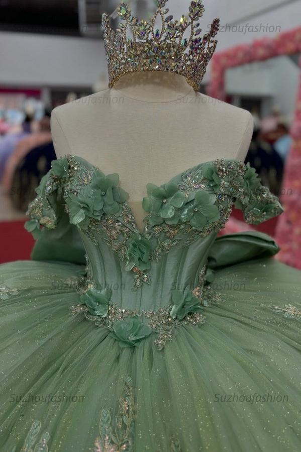 Ball Gown Off Shoulder Sleeveless Sequins 3D Flower Appliques Bow Knot Glitter Mint Green Tulle Quinceanera Dress Birthday Party Dress For Sweet 16