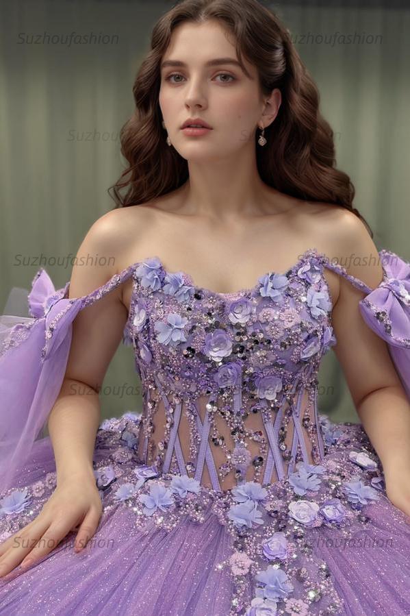 Ball Gown Off Shoulder Sleeveless Sequins 3D Flowers Appliques Pleated Glitter Purple Tulle Quinceanera Dress Birthday Party Dress For Sweet 16
