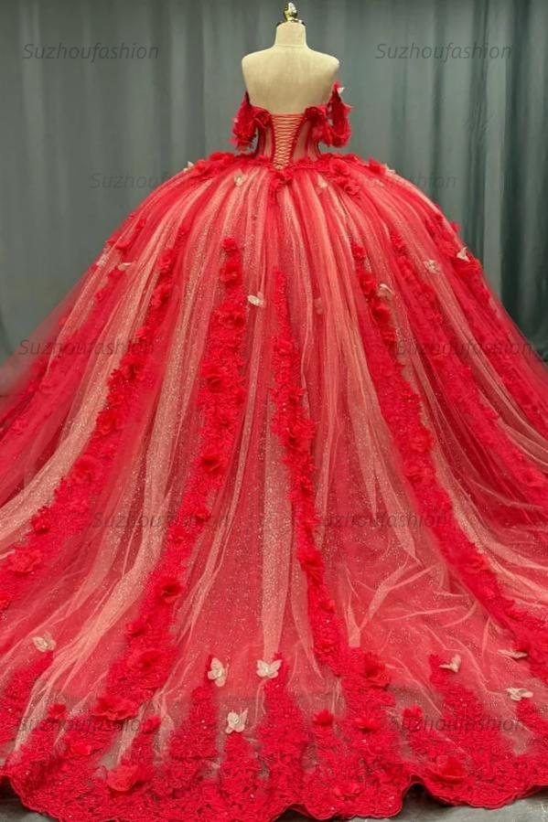 Ball Gown Off Shoulder Sleeveless Sequins Beaded 3D Flower Appliques Sparkly Red Tulle Quinceanera Dress Birthday Party Dress