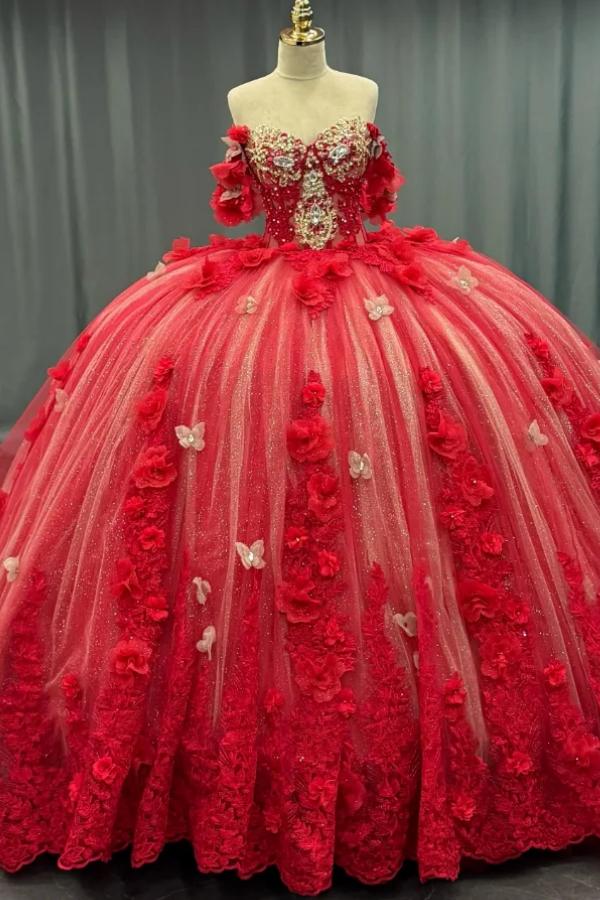 Ball Gown Off Shoulder Sleeveless Sequins Beaded 3D Flower Appliques Sparkly Red Tulle Quinceanera Dress Birthday Party Dress