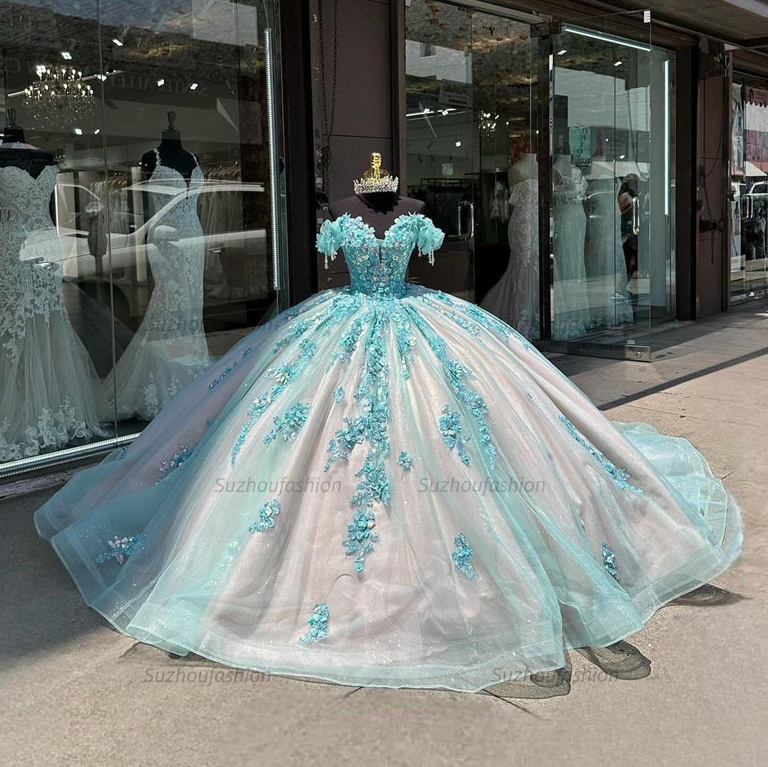 Ball Gown Off Shoulder Sleeveless Sequins Fully Appliques Sky Blue Tulle Quinceanera Dress Formal Evening Gown Birthday Party Dress For Sweet 16