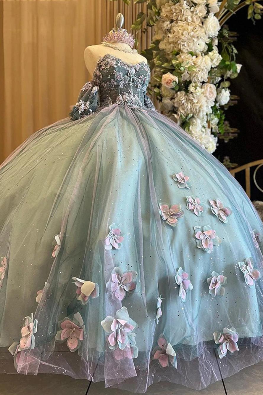 Ball Gown Off Shoulder Sweetheart Neck Quinceanera Dresses With Sleeves 3D Flowers Appliques Sparkly Beaded Tulle Lace Up Sweet 16 Dress Princess Party Gown