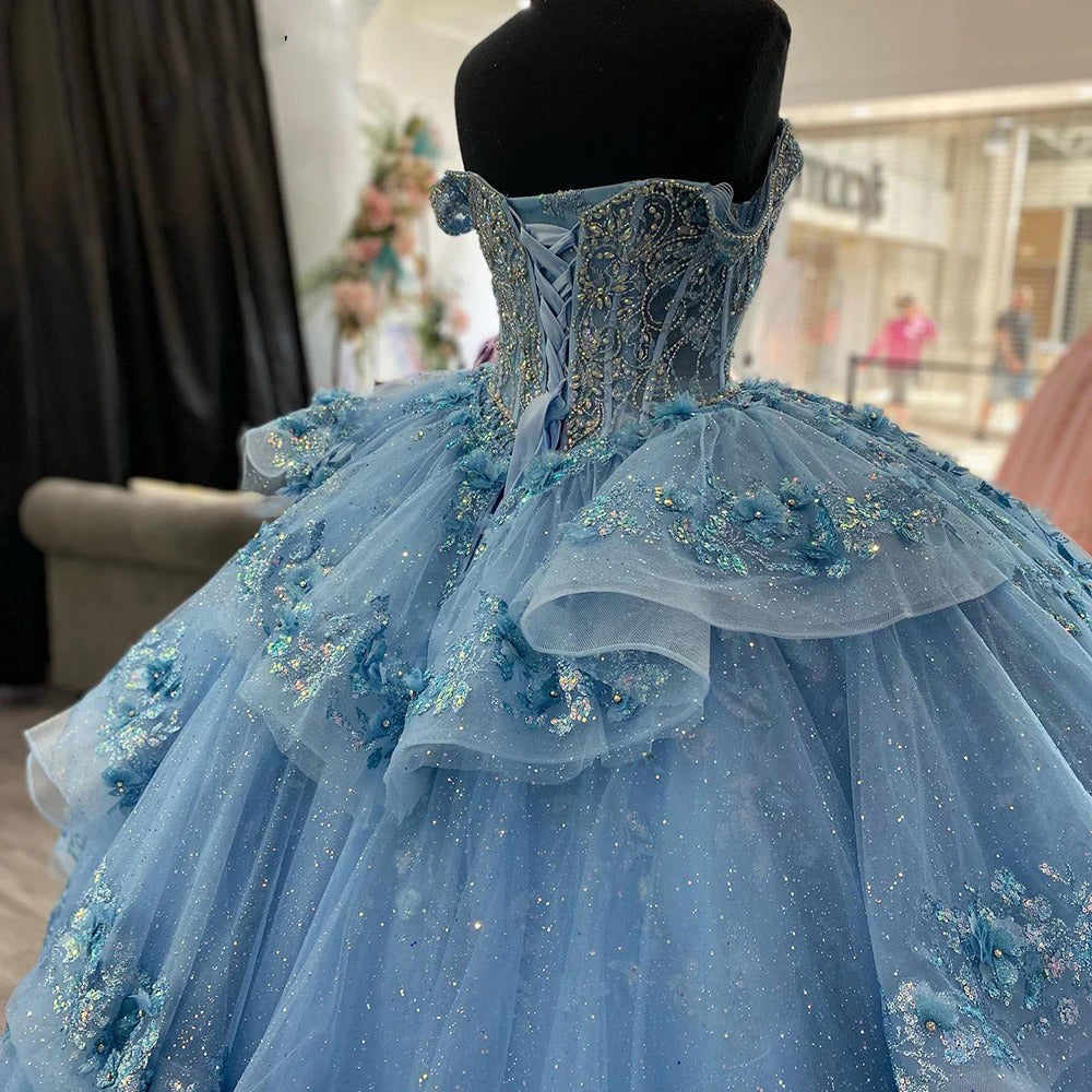 Ball Gown Off Shoulder Tiered 3D Flowers Appliques Light Blue Tullequinceanera Dresses Princess Formal Evening Party Gown For Sweet 16