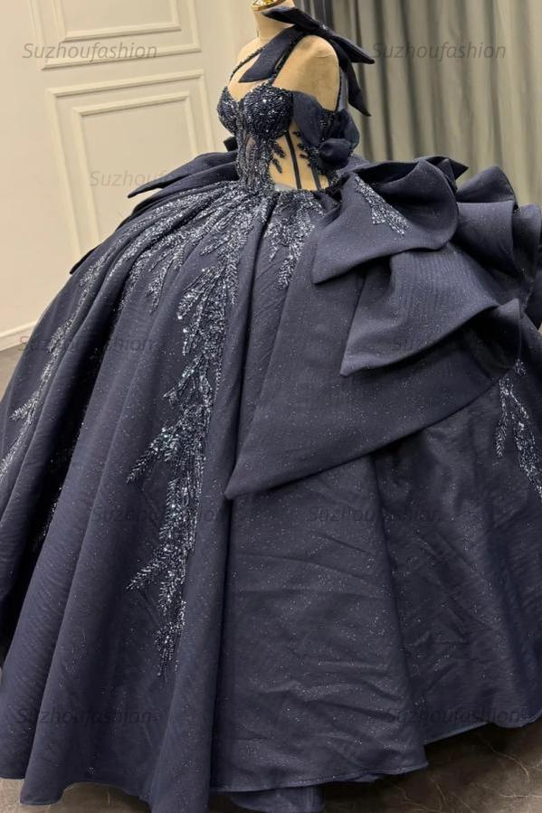 Ball Gown One Shoulder /Off Shoulder Sleeveless Beaded Appliques Ruffles Tiered Lace Up Sparkly Dark Navy Satin Quinceanera Dress Evening Formal Gown For Sweet 16