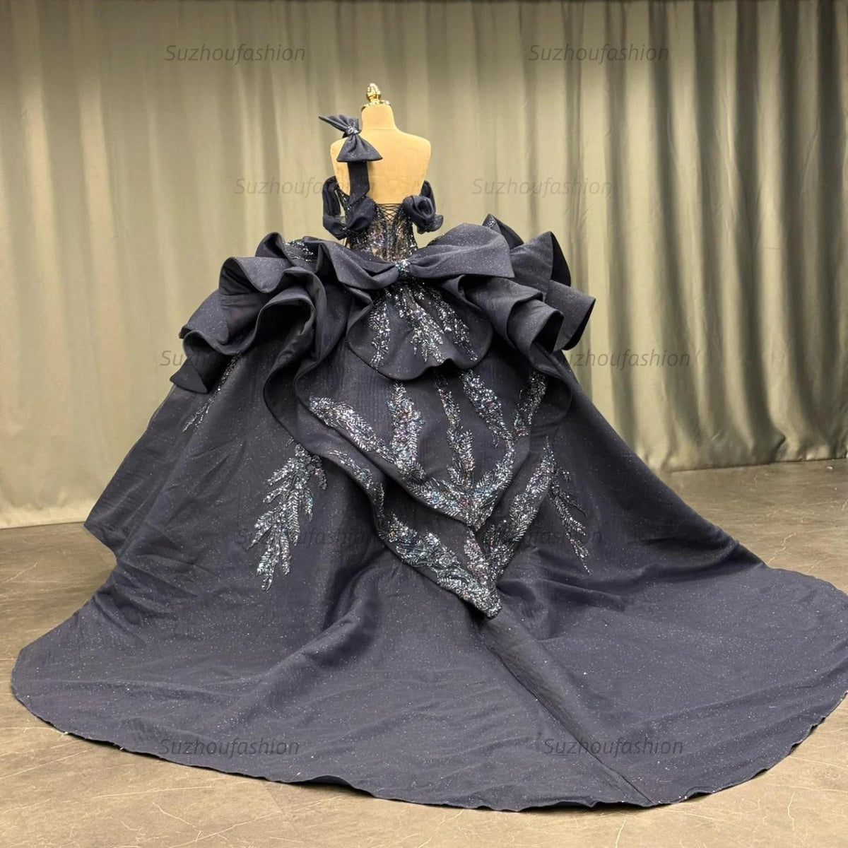 Ball Gown One Shoulder /Off Shoulder Sleeveless Beaded Appliques Ruffles Tiered Lace Up Sparkly Dark Navy Satin Quinceanera Dress Evening Formal Gown For Sweet 16