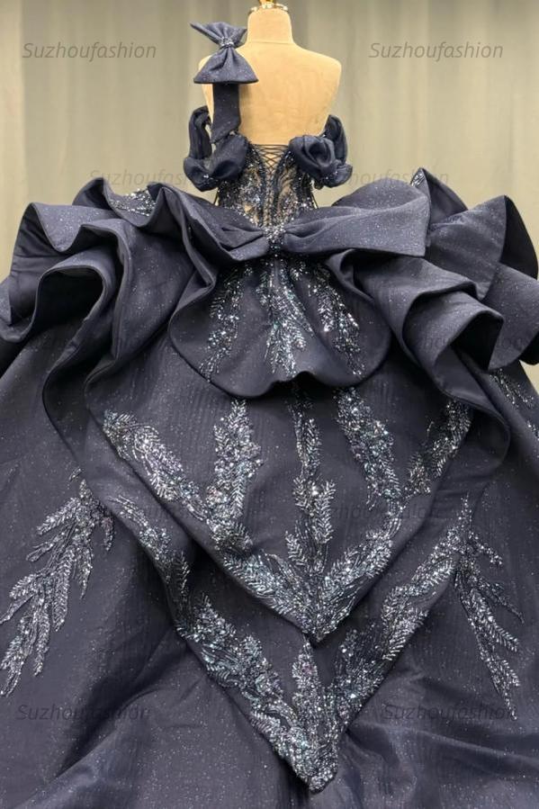 Ball Gown One Shoulder /Off Shoulder Sleeveless Beaded Appliques Ruffles Tiered Lace Up Sparkly Dark Navy Satin Quinceanera Dress Evening Formal Gown For Sweet 16