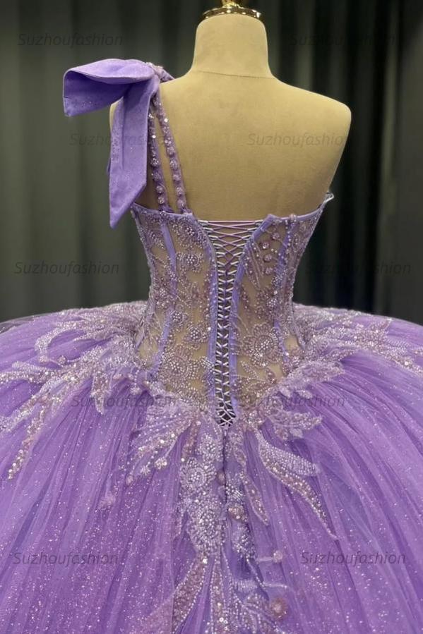 Ball Gown One Shoulder Sleeveless Beaded Sequins Appliques Ruffles Lilac Tulle Quinceanera Dress Evening Party Gown For Sweet 16