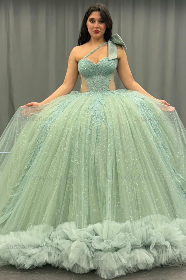 Ball Gown One Shoulder Sleeveless Sequins Beaded Illsion Appliques Pleated Mint Green Tulle Quinceanera Dress Formal Evening Gown For Sweet 16