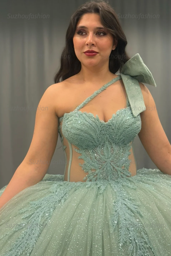Ball Gown One Shoulder Sleeveless Sequins Beaded Illsion Appliques Pleated Mint Green Tulle Quinceanera Dress Formal Evening Gown For Sweet 16
