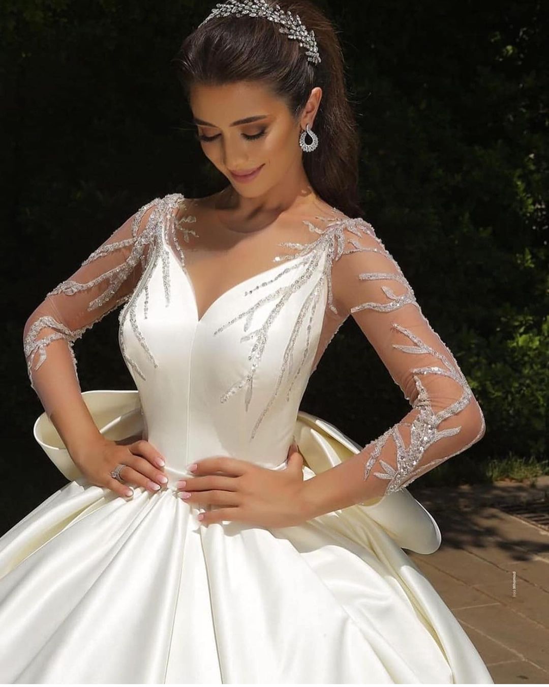 Ball Gown Satin Long Sleeves Lace Wedding Dress with Bow On Sale