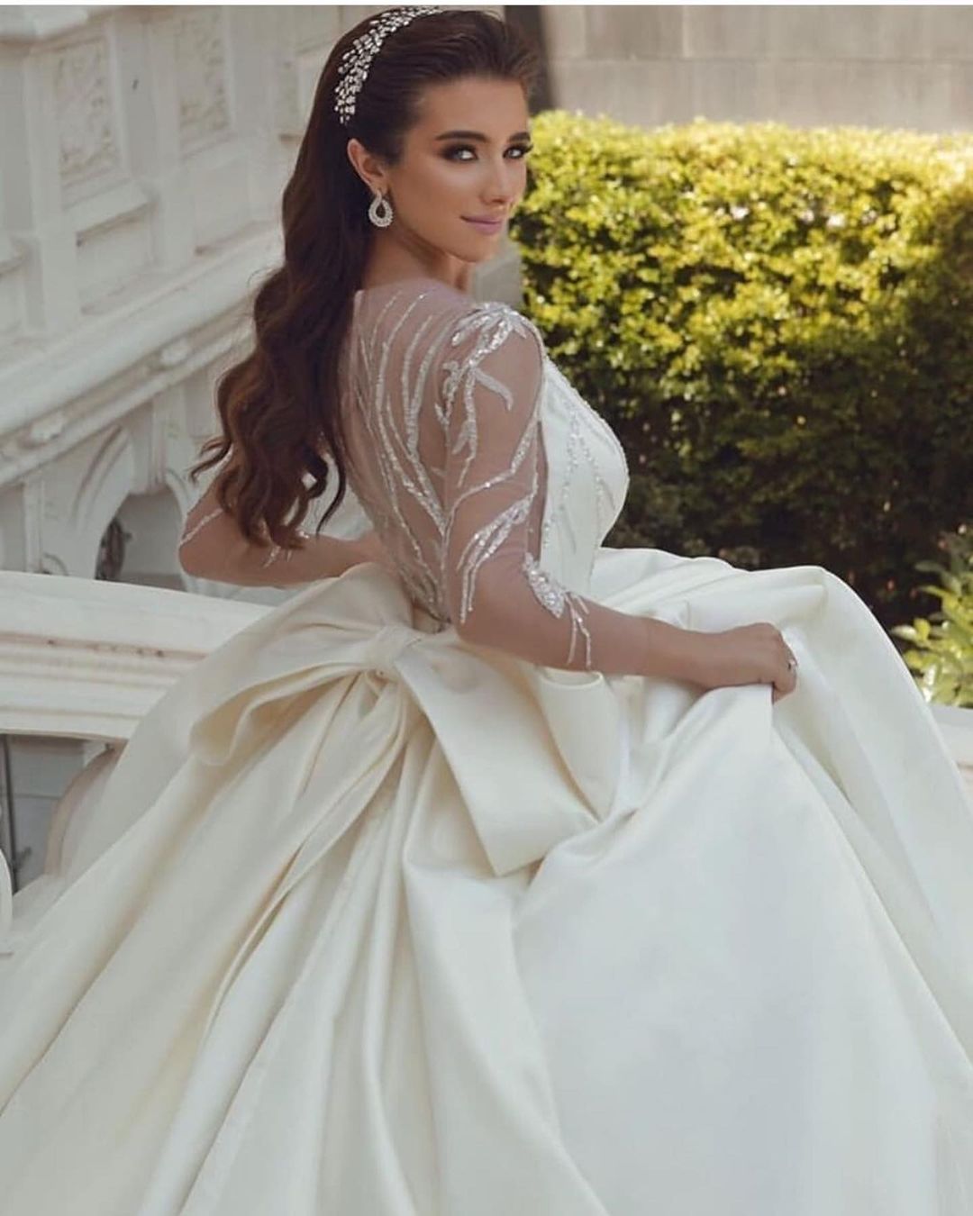 Ball Gown Satin Long Sleeves Lace Wedding Dress with Bow On Sale