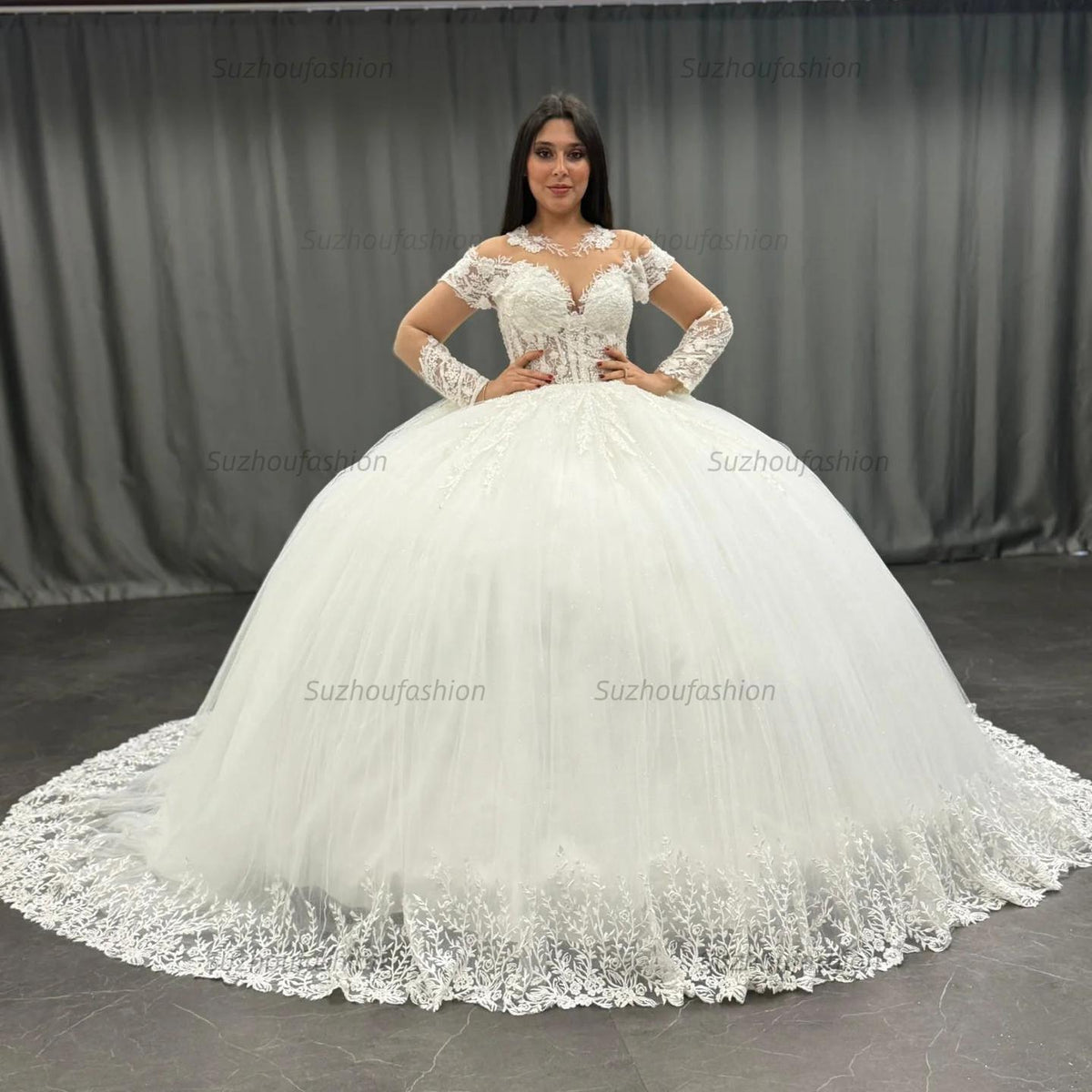 Ball Gown Scoop Neck Long Transparent Sleeves Fully Lace Appliques Pleated White Tulle Formal Evening Party Dress Quinceanera Dress Birthday Gown For Sweet 16