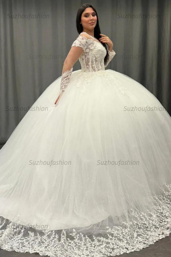 Ball Gown Scoop Neck Long Transparent Sleeves Fully Lace Appliques Pleated White Tulle Formal Evening Party Dress Quinceanera Dress Birthday Gown For Sweet 16
