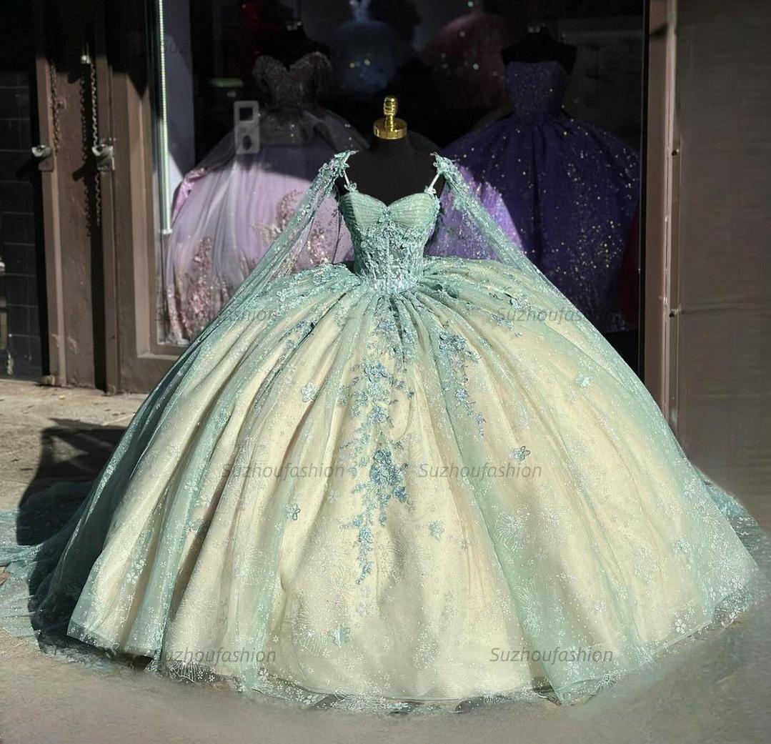 Ball Gown Spaghetti Straps Sweetheart Neck Lace Appliques Beaded Mint Green Tulle Quinceanera Dresses Birthday Prom Gown For Sweet 16