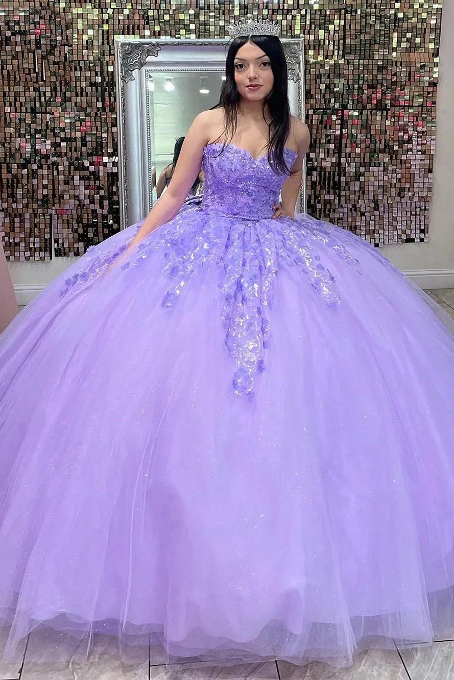 Ball Gown Strapless Lace Flower Appliques Beaded Bow Knot Lilac Tulle Quinceanera Dress For Sweet 16