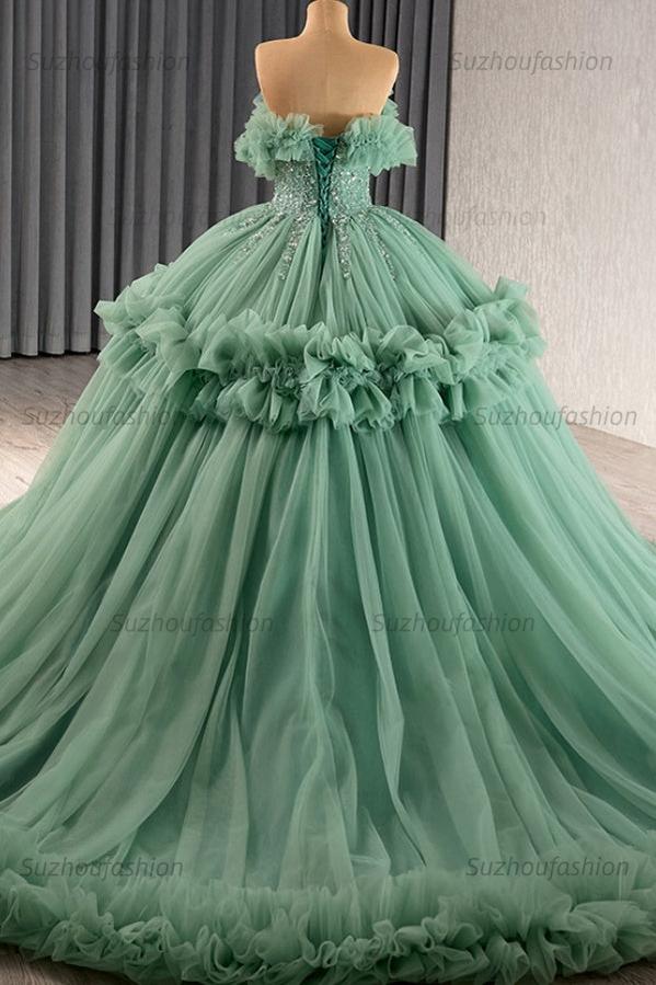 Ball Gown Strapless Sleeveless Beaded Crystal Ruffles Tiered Lace Up Mint Green Tulle Quinceanera Dress Birthday Party Gown For Sweet 16