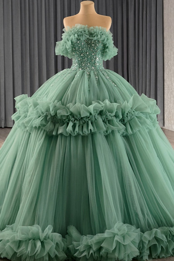 Ball Gown Strapless Sleeveless Beaded Crystal Ruffles Tiered Lace Up Mint Green Tulle Quinceanera Dress Birthday Party Gown For Sweet 16