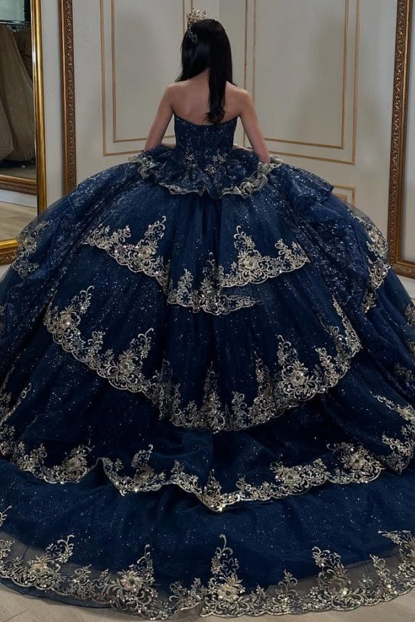 Ball Gown Strapless Sleeveless Beaded Ruffles Sequins Tulle Tiered Sparkly Tulle Quinceanera Dress Birthday Party Dress Evening Formal Gown For Sweet 16