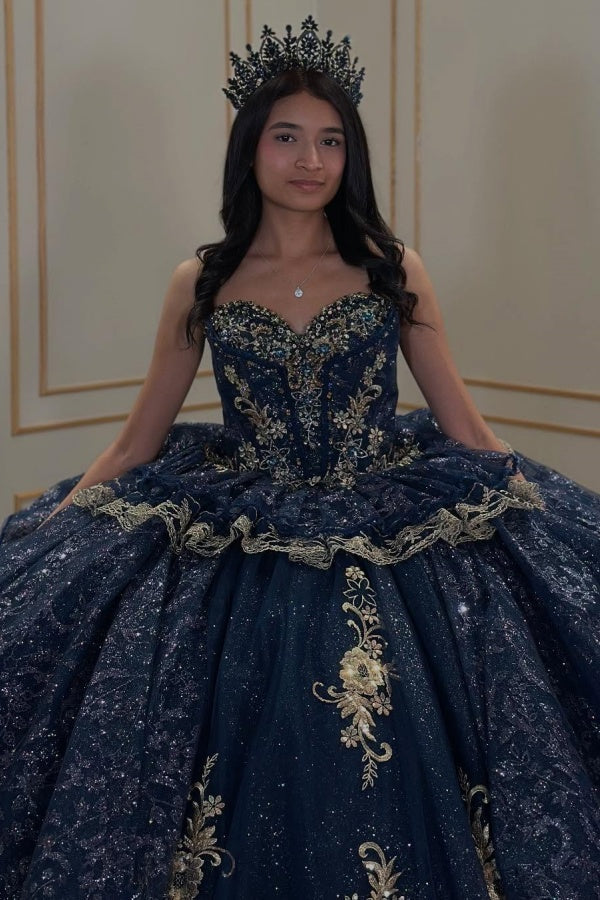 Ball Gown Strapless Sleeveless Beaded Ruffles Sequins Tulle Tiered Sparkly Tulle Quinceanera Dress Birthday Party Dress Evening Formal Gown For Sweet 16