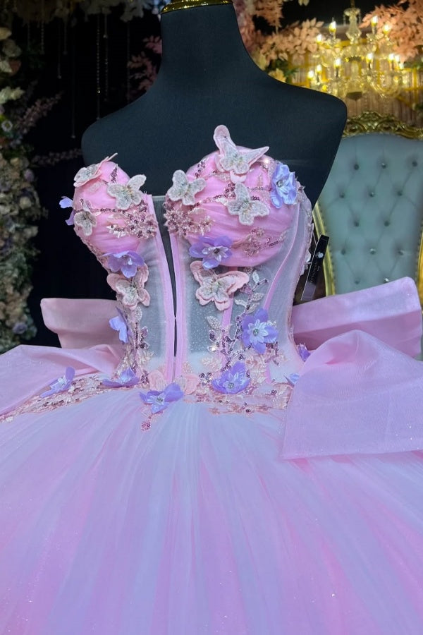 Ball Gown Strapless Sleeveless Pleated 3S Butterflies Appliques Shawl Bow Knot Pink Tulle Quinceanera Dress Birthday Party Gown Evening Formal Gown For Sweet 16