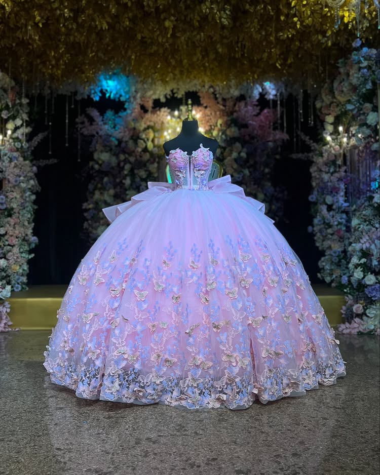 Ball Gown Strapless Sleeveless Pleated 3S Butterflies Appliques Shawl Bow Knot Pink Tulle Quinceanera Dress Birthday Party Gown Evening Formal Gown For Sweet 16