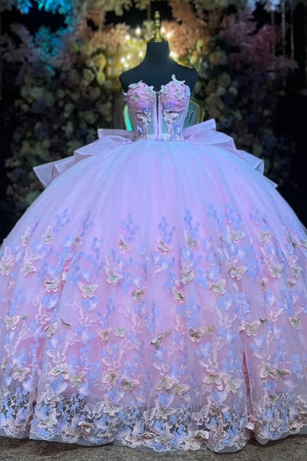 Ball Gown Strapless Sleeveless Pleated 3S Butterflies Appliques Shawl Bow Knot Pink Tulle Quinceanera Dress Birthday Party Gown Evening Formal Gown For Sweet 16