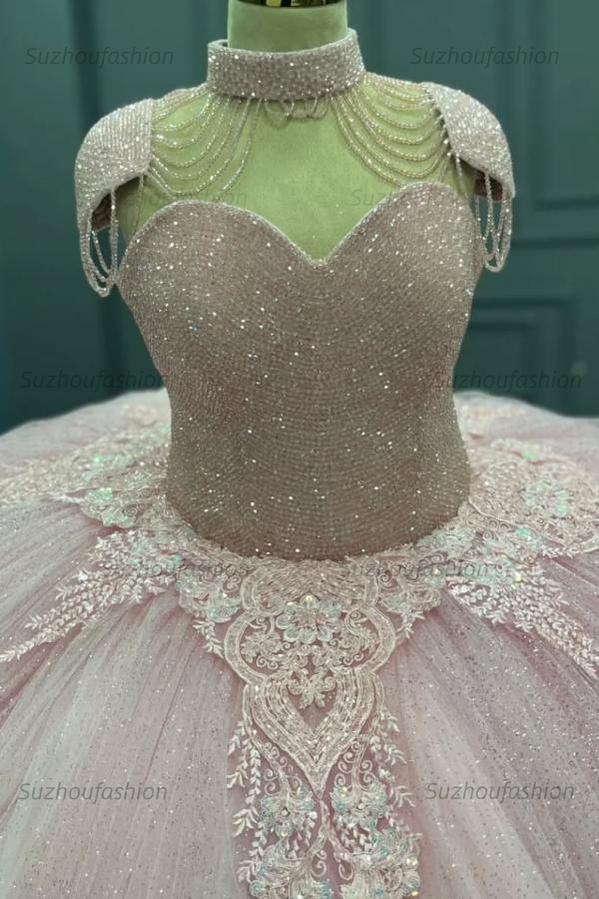 Ball Gown Sweetheart Neck Cap Sleeves Beaded Appliques Baby Pink Tulle Quinceanera Dress Formal Evening Gown For Sweet 16