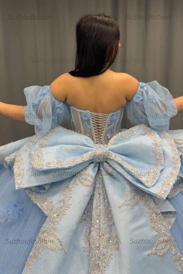 Ball Gown Sweetheart Neck Detachable Half Lantern Sleeves Beaded 3D Flower Appliques Big Bow Knot Back Glitter Sky Blue Tulle Quinceanera Dress Birthday Party Dress For Sweet 16