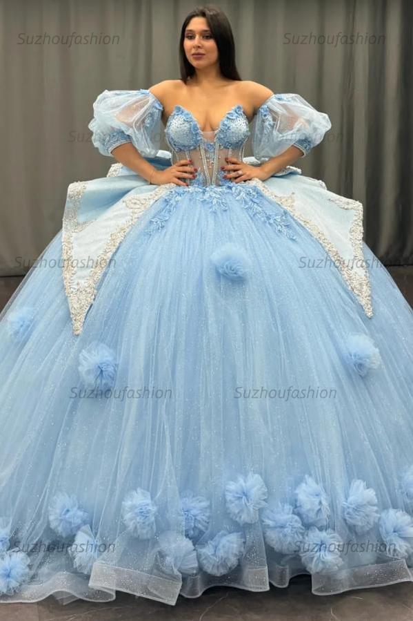 Ball Gown Sweetheart Neck Detachable Half Lantern Sleeves Beaded 3D Flower Appliques Big Bow Knot Back Glitter Sky Blue Tulle Quinceanera Dress Birthday Party Dress For Sweet 16