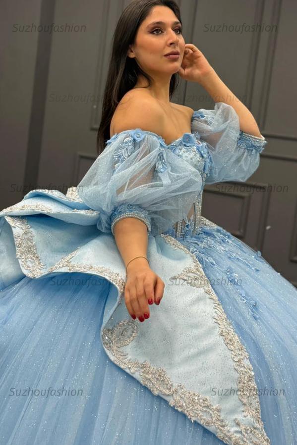 Ball Gown Sweetheart Neck Detachable Half Lantern Sleeves Beaded 3D Flower Appliques Big Bow Knot Back Glitter Sky Blue Tulle Quinceanera Dress Birthday Party Dress For Sweet 16