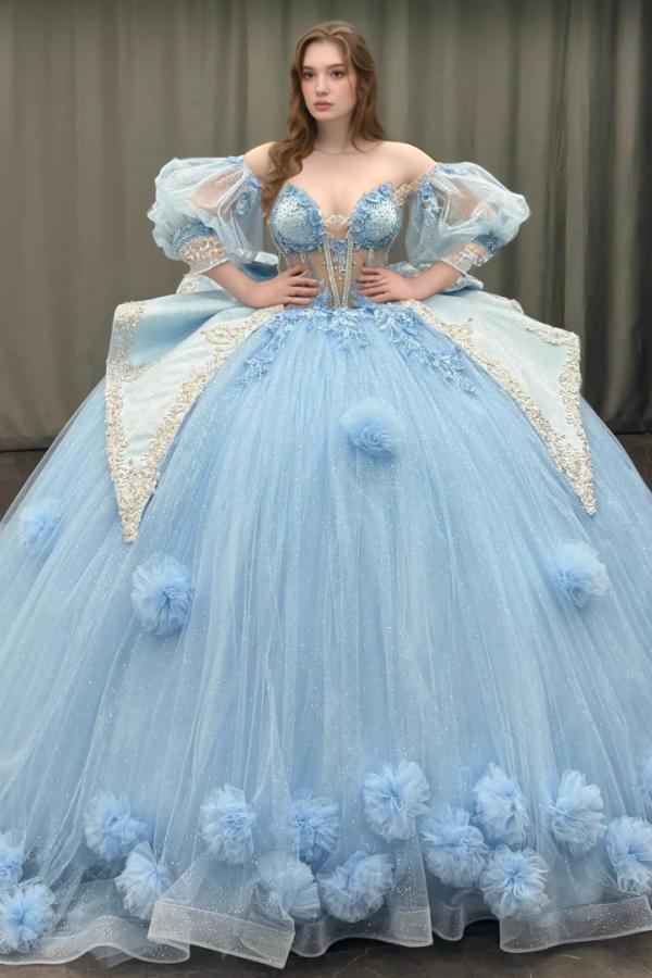 Ball Gown Sweetheart Neck Detachable Half Lantern Sleeves Beaded 3D Flower Appliques Big Bow Knot Back Glitter Sky Blue Tulle Quinceanera Dress Birthday Party Dress For Sweet 16