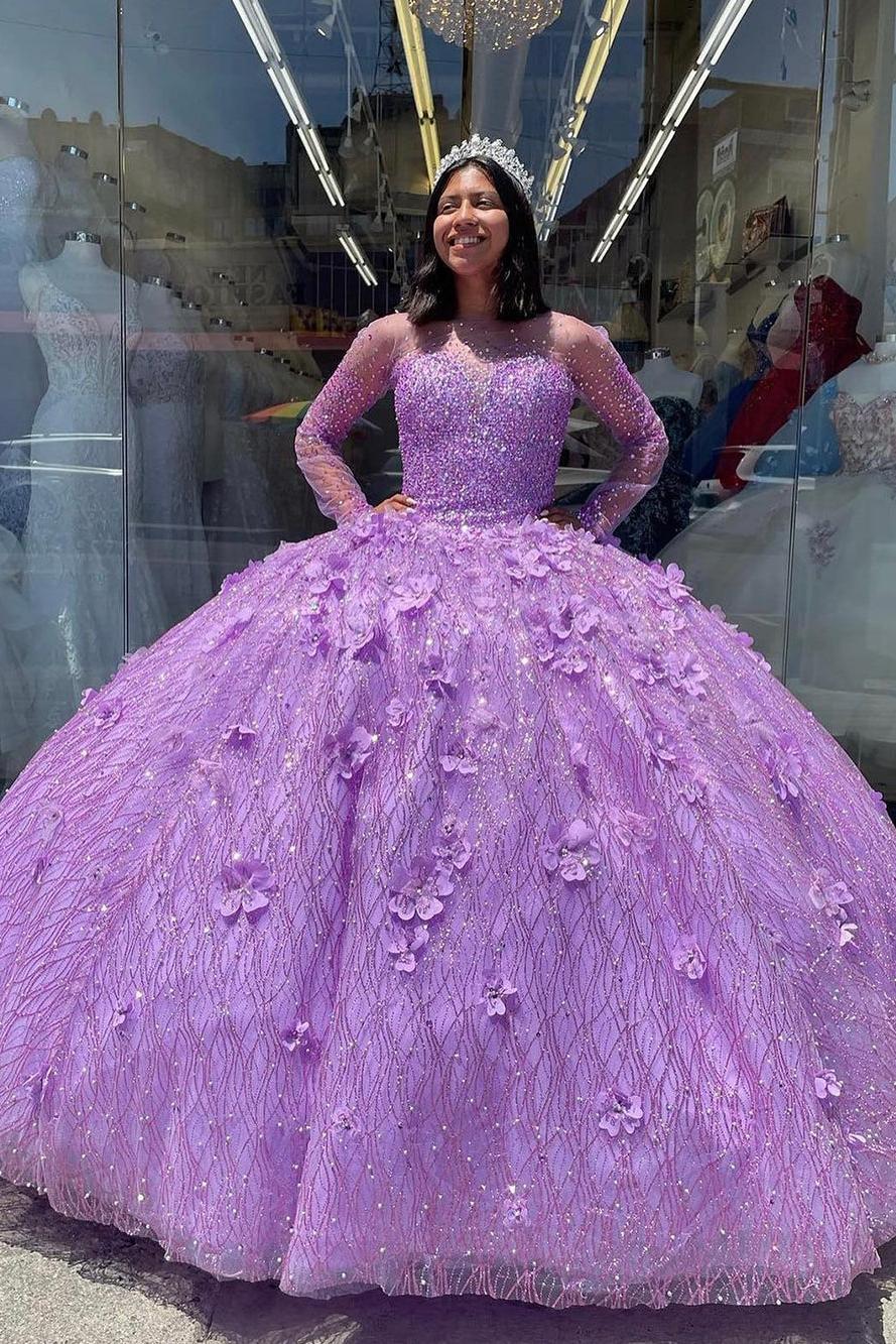 Ball Gown Sweetheart Neck Long Sleeves 3D Floral Appliques Lilac Tulle Princess Gown Quinceanera Dress For Sweet 16