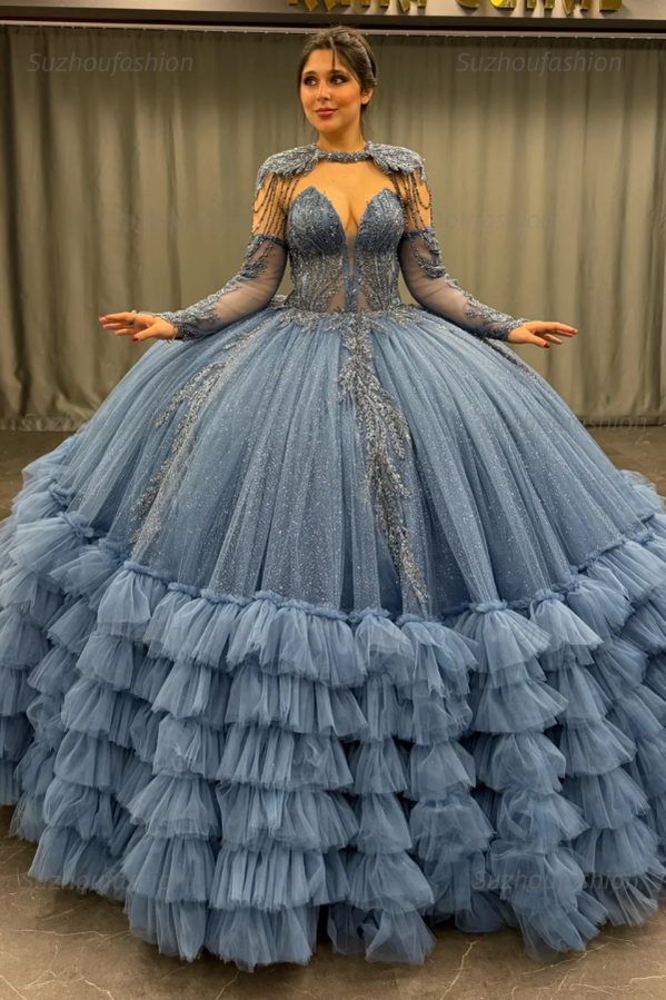 Ball Gown V Neck Sleeveless Detachable Sleeves & Shawl Beaded Sequins Appliques Ruffles Tiered Sparkly Blue Tulle Quinceanera Dress Birthday Party Dress For Sweet 16