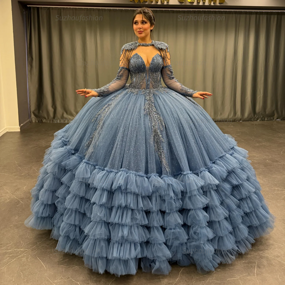 Ball Gown V Neck Sleeveless Detachable Sleeves & Shawl Beaded Sequins Appliques Ruffles Tiered Sparkly Blue Tulle Quinceanera Dress Birthday Party Dress For Sweet 16