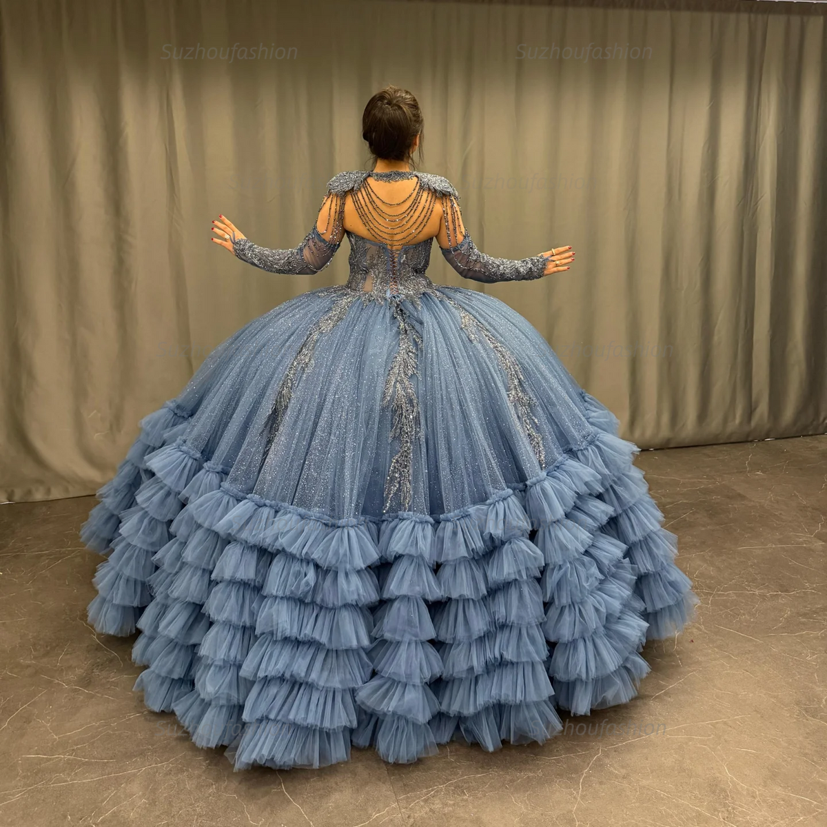 Ball Gown V Neck Sleeveless Detachable Sleeves & Shawl Beaded Sequins Appliques Ruffles Tiered Sparkly Blue Tulle Quinceanera Dress Birthday Party Dress For Sweet 16