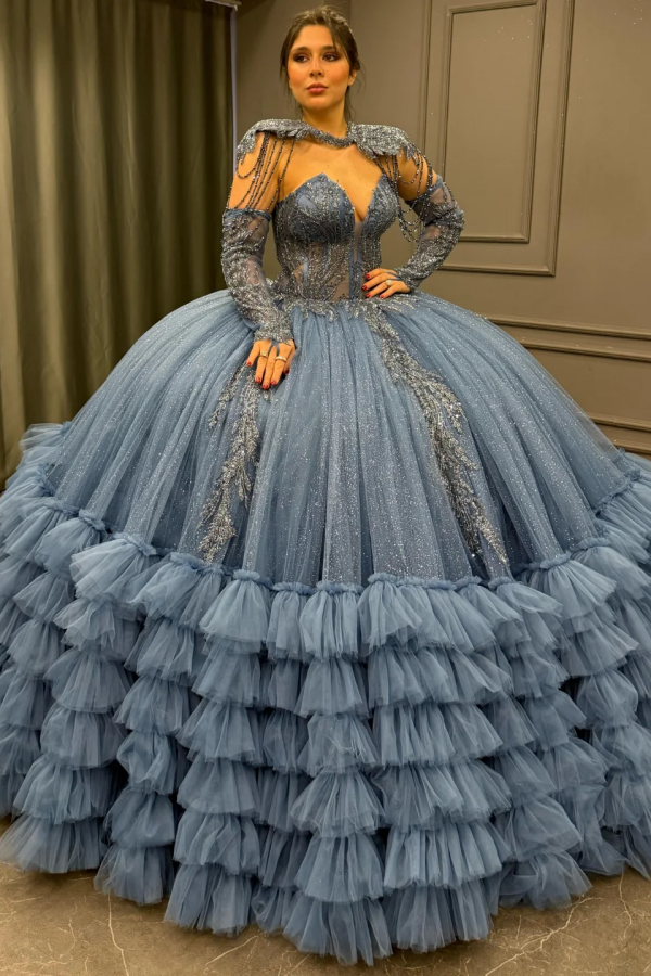 Ball Gown V Neck Sleeveless Detachable Sleeves & Shawl Beaded Sequins Appliques Ruffles Tiered Sparkly Blue Tulle Quinceanera Dress Birthday Party Dress For Sweet 16