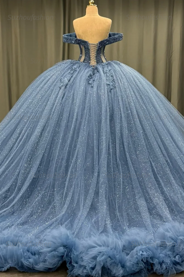 Ball Gownoff Shoulder Sleeveless Fully Beaded Appliques Pleated Lace Up Sparkly Blue Tulle Quinceanera Dress Formal Evening Gown For Sweet 16