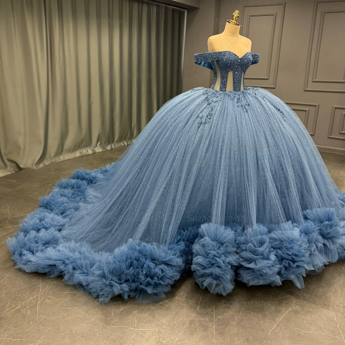 Ball Gownoff Shoulder Sleeveless Fully Beaded Appliques Pleated Lace Up Sparkly Blue Tulle Quinceanera Dress Formal Evening Gown For Sweet 16
