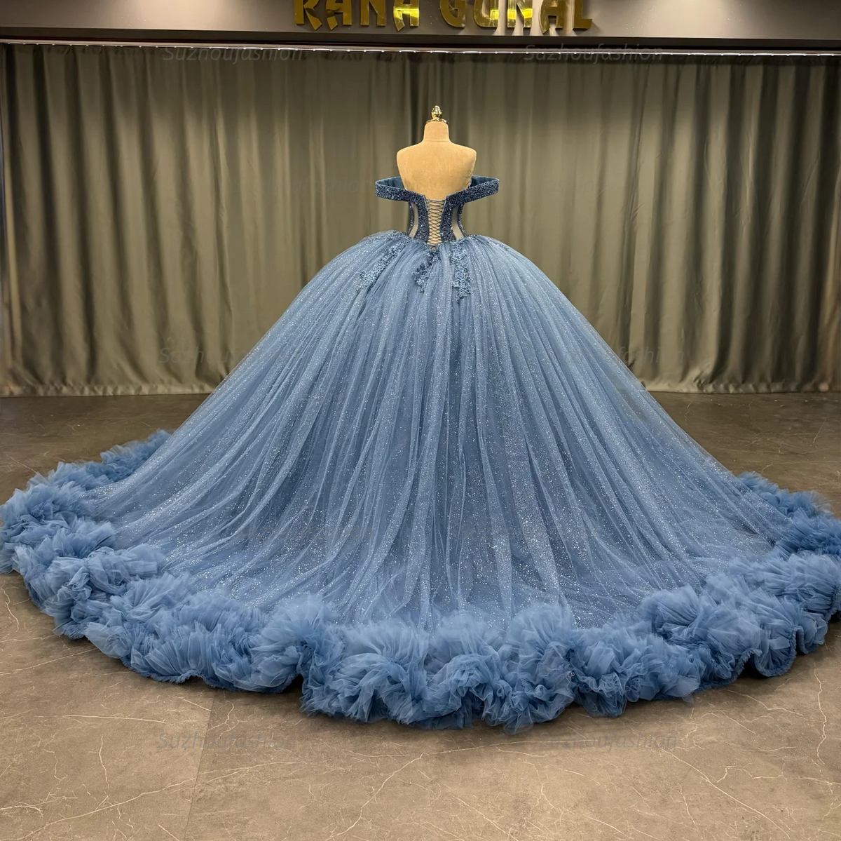 Ball Gownoff Shoulder Sleeveless Fully Beaded Appliques Pleated Lace Up Sparkly Blue Tulle Quinceanera Dress Formal Evening Gown For Sweet 16