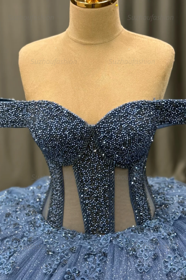 Ball Gownoff Shoulder Sleeveless Fully Beaded Appliques Pleated Lace Up Sparkly Blue Tulle Quinceanera Dress Formal Evening Gown For Sweet 16